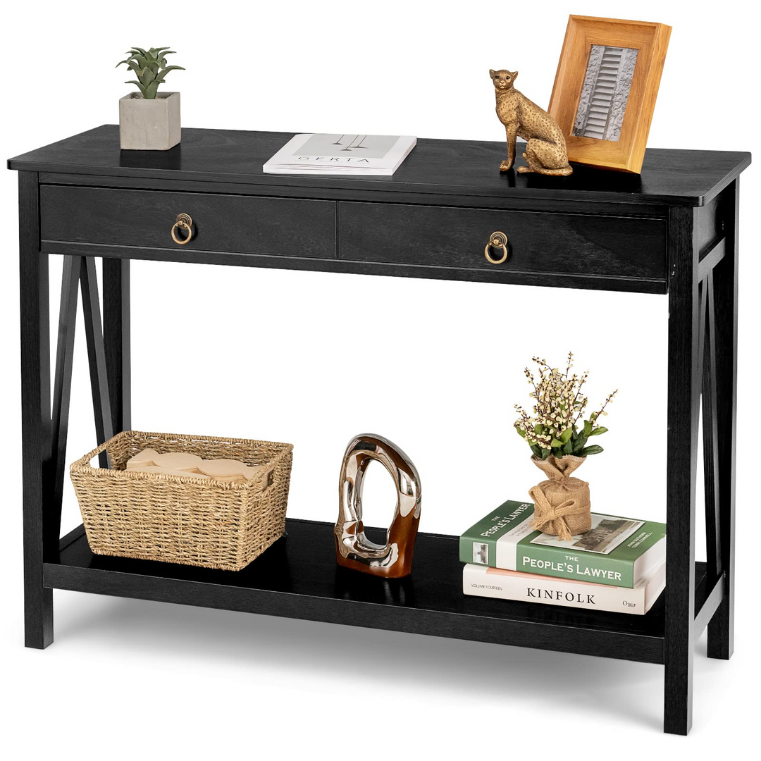 Console Table Entryway Sofa Side Table with 2 Drawers &amp; Open Shelf
