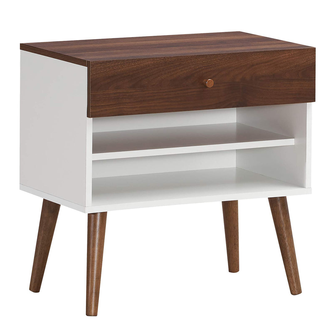 Nightstand with Drawer and Storage Shelves &amp; Rubber Wood Legs, Brown&amp;White