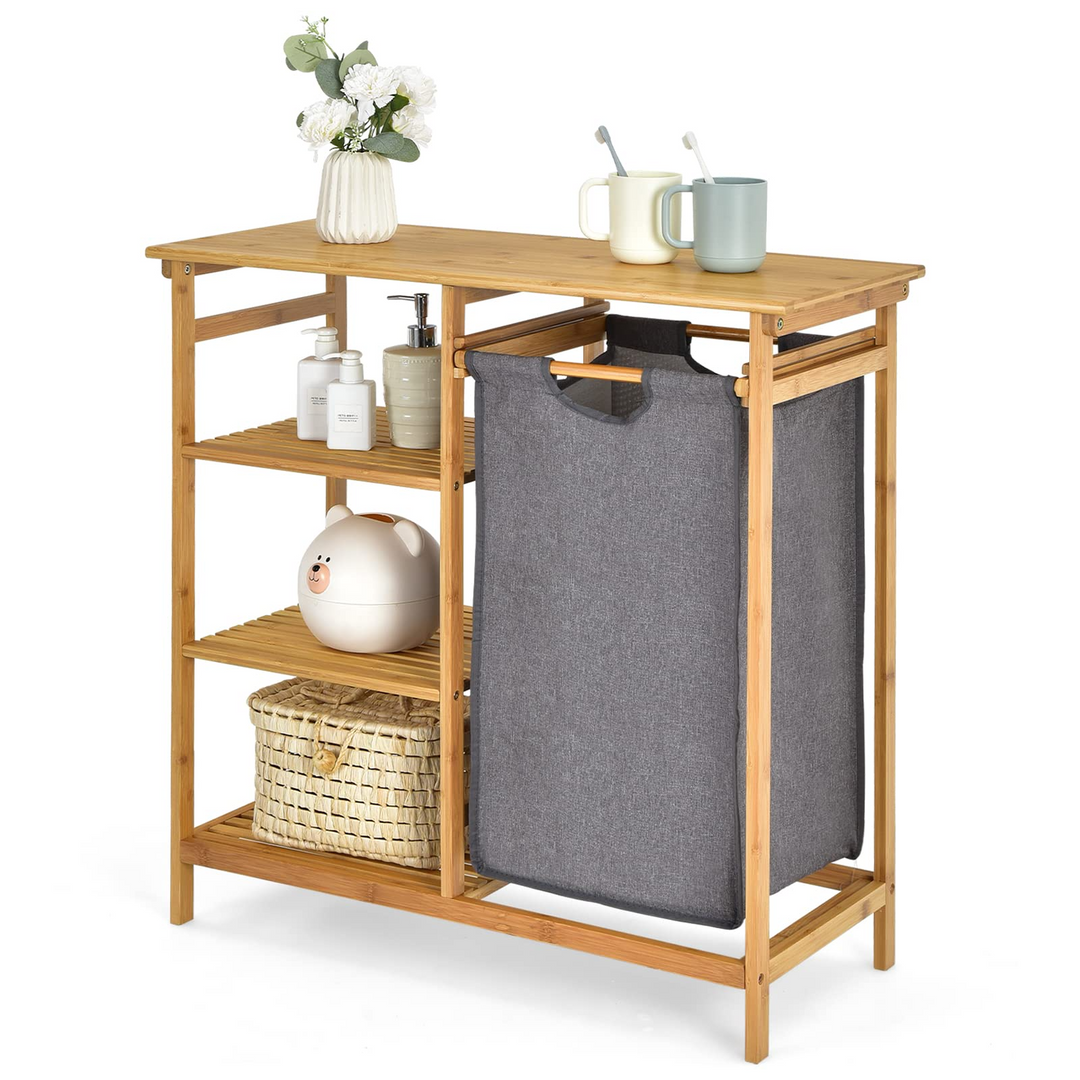Freestanding Laundry Organizer w/ Removable Sliding Bag &amp; 3-Tier Open Shelves