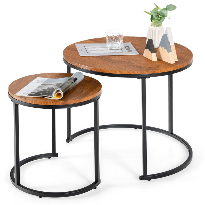Nesting Coffee Table Set of 2, Round Stacking Side Tables w/Wooden Tabletop &amp; Steel Frame