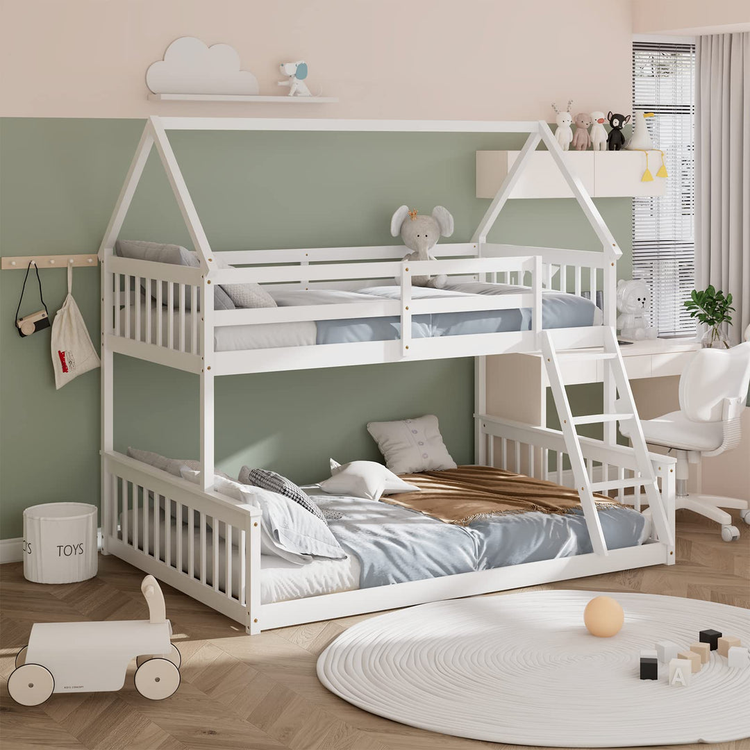 Giantex Twin Over Full House Bunk Bed, Floor Low Bunk Bed Frame w/Integrated Ladder &amp; Safety Guardrails