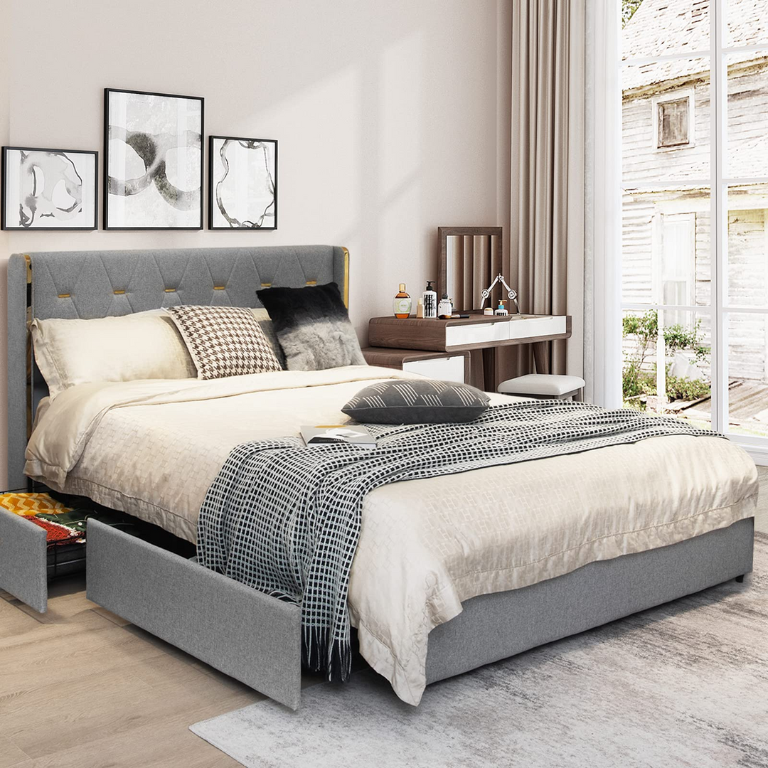 Giantex Queen/Full Size Upholstered Bed Frame with 4 Drawers