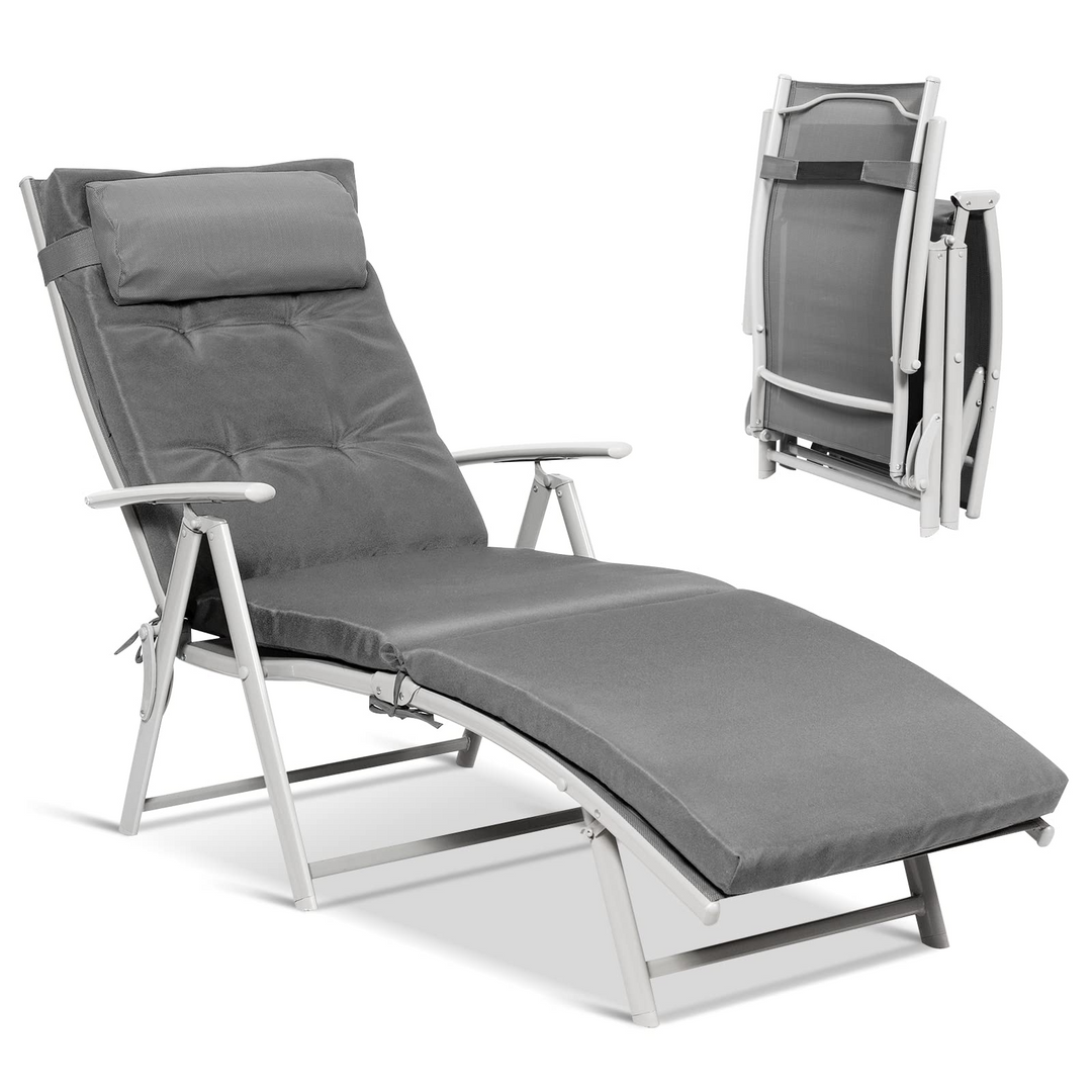 Pool Folding Reclining Beach Chair W/Removable Cushion&amp;Headrest Pillow