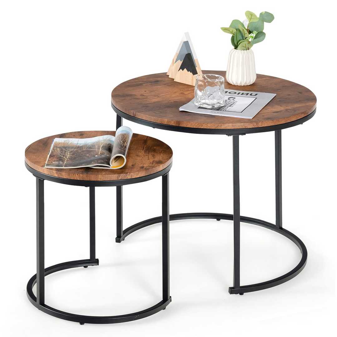 Nesting Coffee Table Set of 2, Round Stacking Side Tables w/Wooden Tabletop &amp; Steel Frame