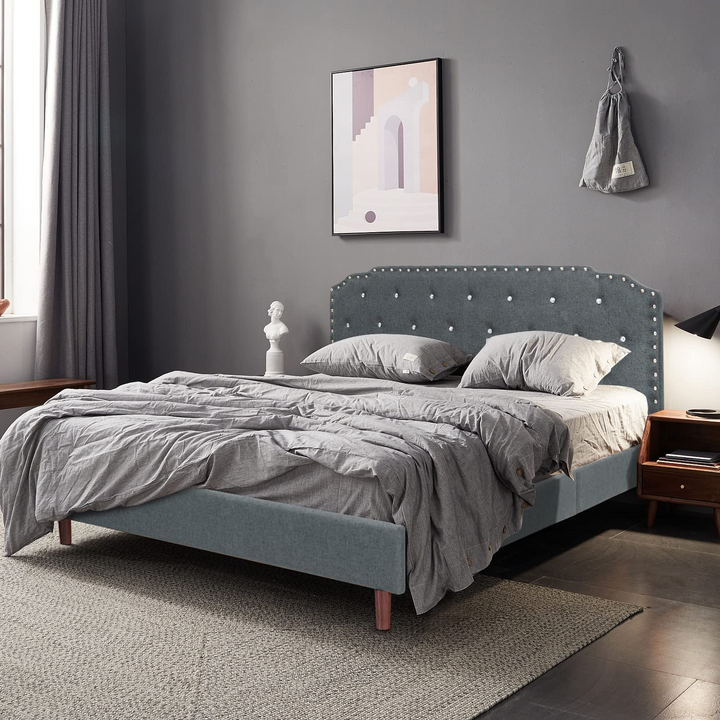 Upholstered Queen/Full Size Bed Frame w/ Adjustable Headboard, Crystal Tufted Soft Platform Bed Frame w/ Wooden Slats