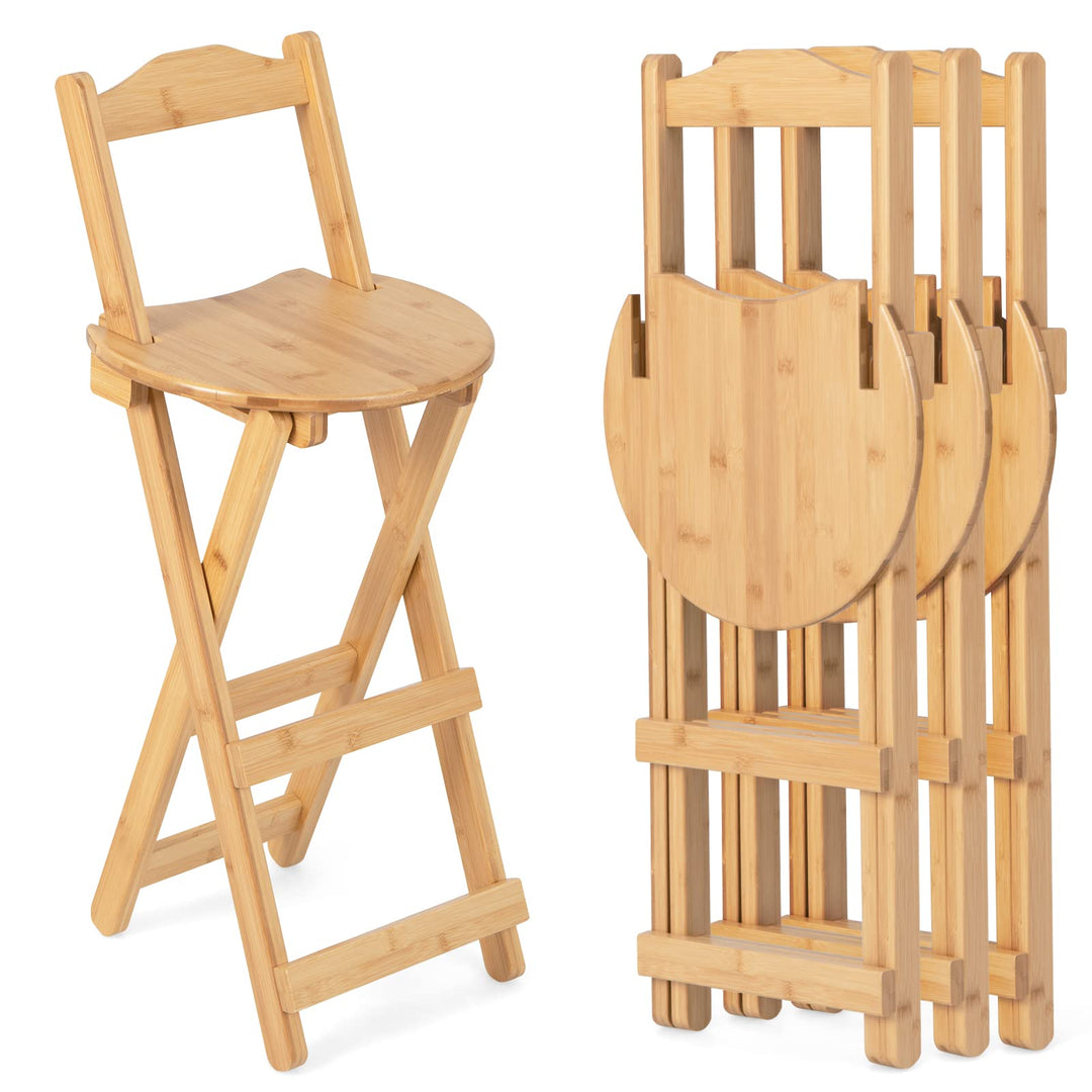 Folding Bamboo Bar Stools 24” Kitchen Counter Height Stool with Backrest &amp; Footrest