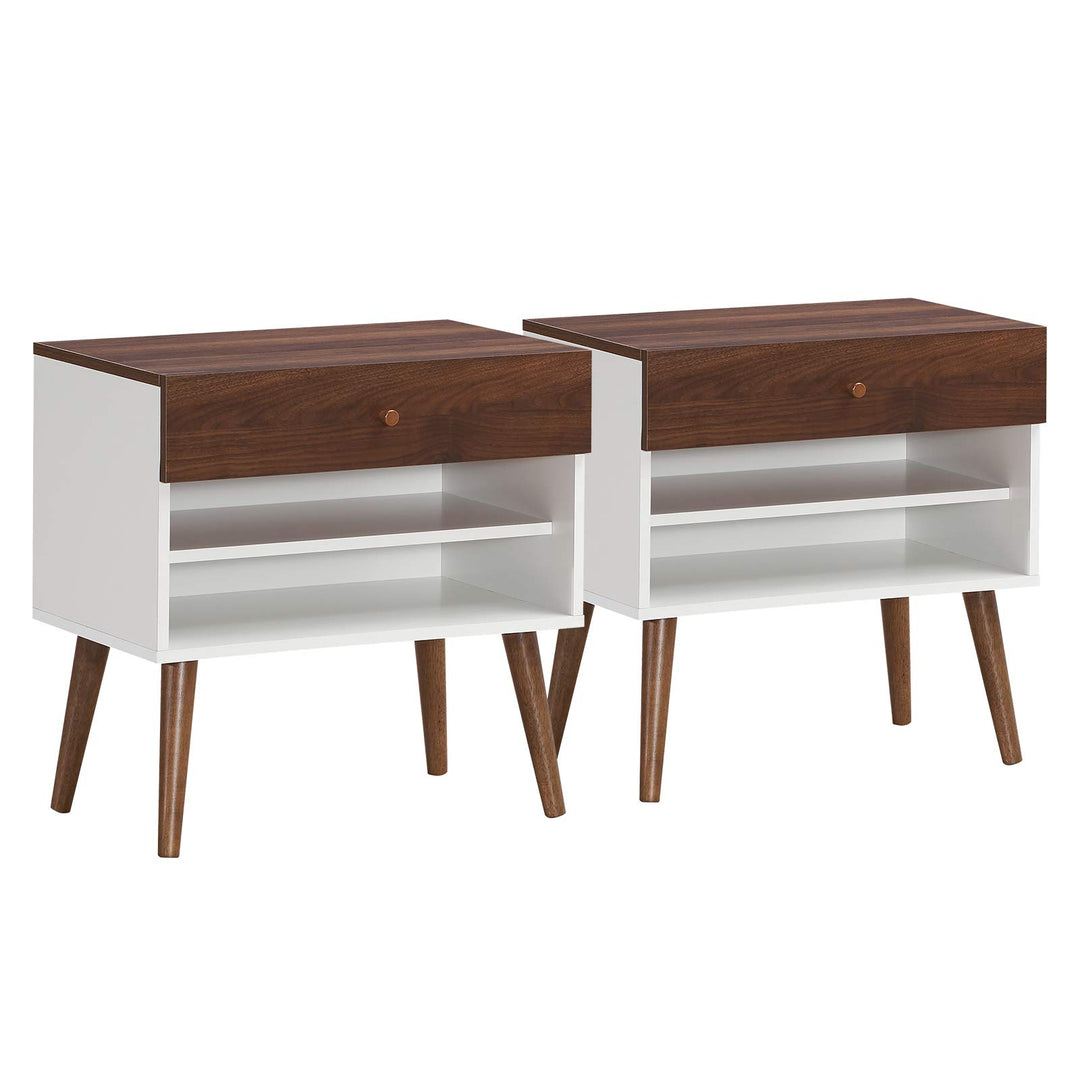 Nightstand with Drawer and Storage Shelves &amp; Rubber Wood Legs, Brown&amp;White