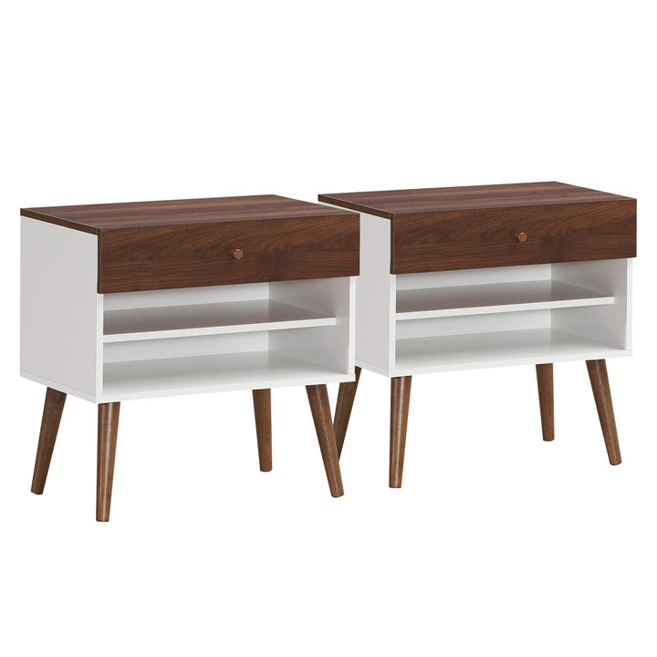 Nightstand with Drawer and Storage Shelves &amp; Rubber Wood Legs, Brown&amp;White