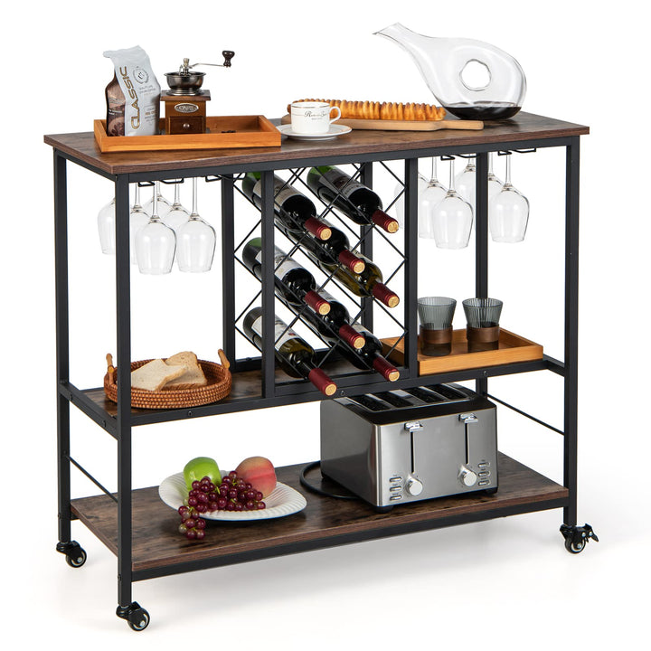 Giantex 3-Tier Wine Bar Cabinet - on Wheels, 8 Bottles Rack &amp; 12 Glasses Hanger (Rustic Brown &amp; Black)