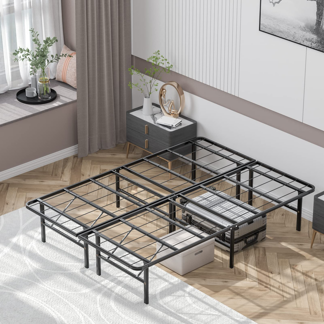 Queen/Full/Twin Size 14 Inch Foldable Metal Mattress Foundation | Heavy Duty Bed Frame with Steel Slat