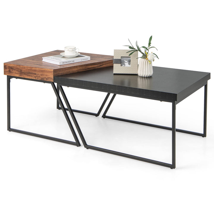 Giantex Stacking Coffee Table Set of 2, Black &amp; Brown Modern Side Table