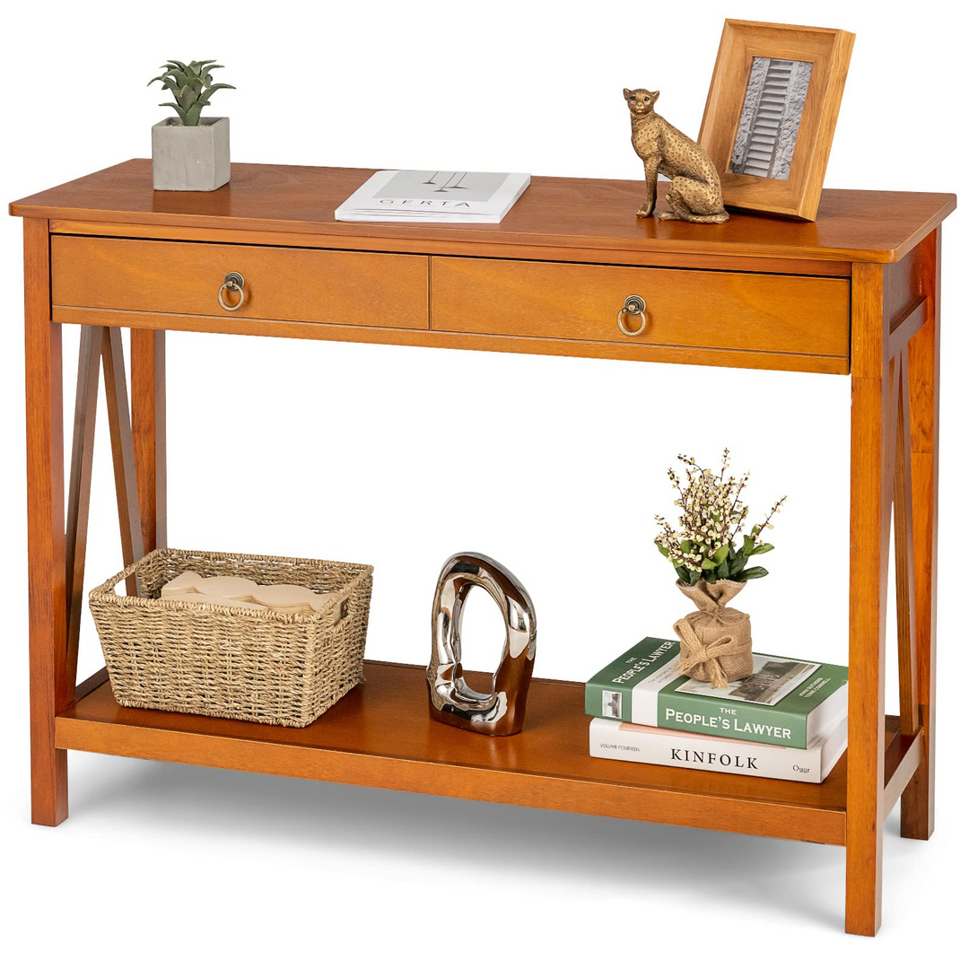 Console Table Entryway Sofa Side Table with 2 Drawers &amp; Open Shelf