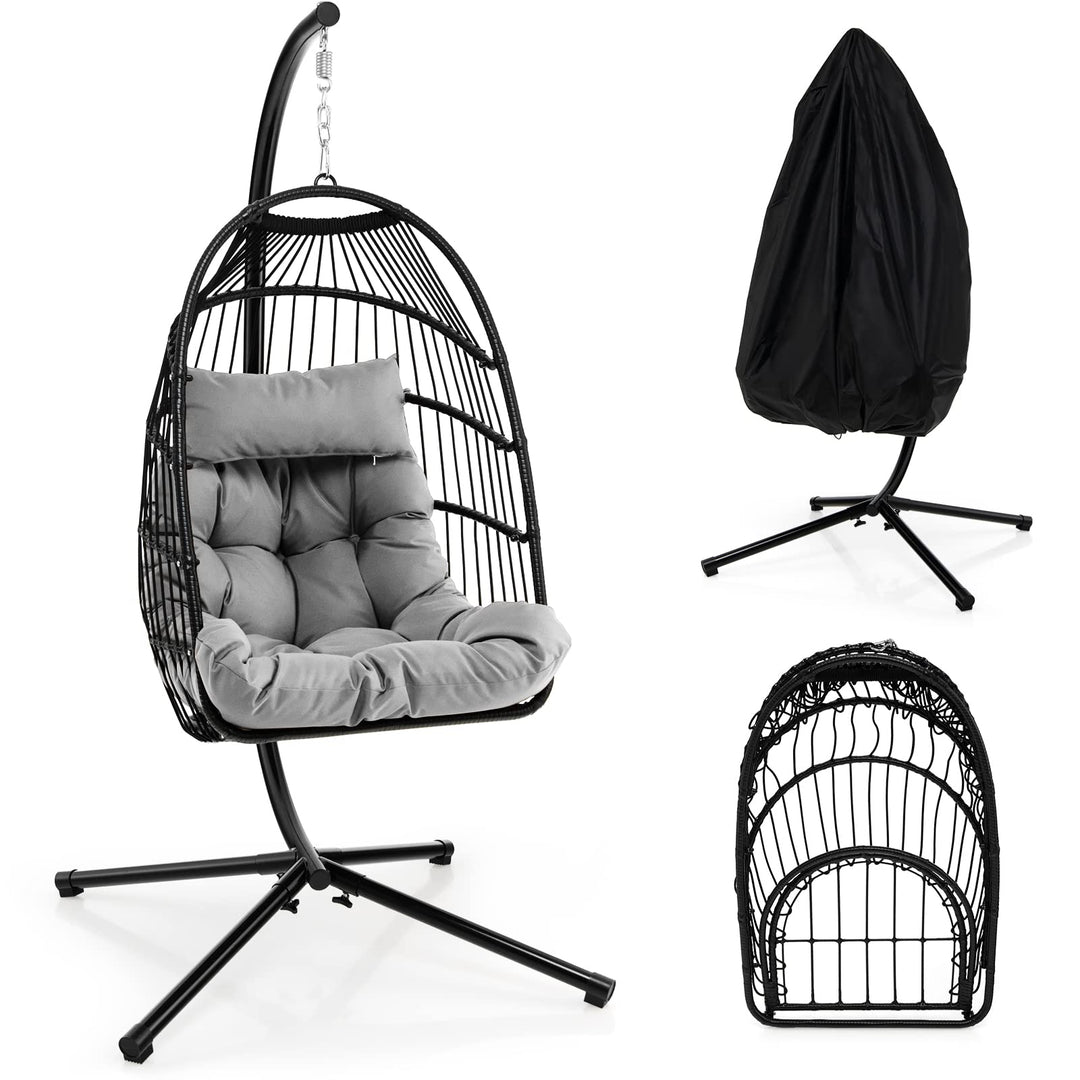 Giantex Egg Chair with Stand, Hanging Basket Chair Hammock Chair w/ Steel Stand Pillow Seat Cushion Rattan Basket &amp; Dust Cover