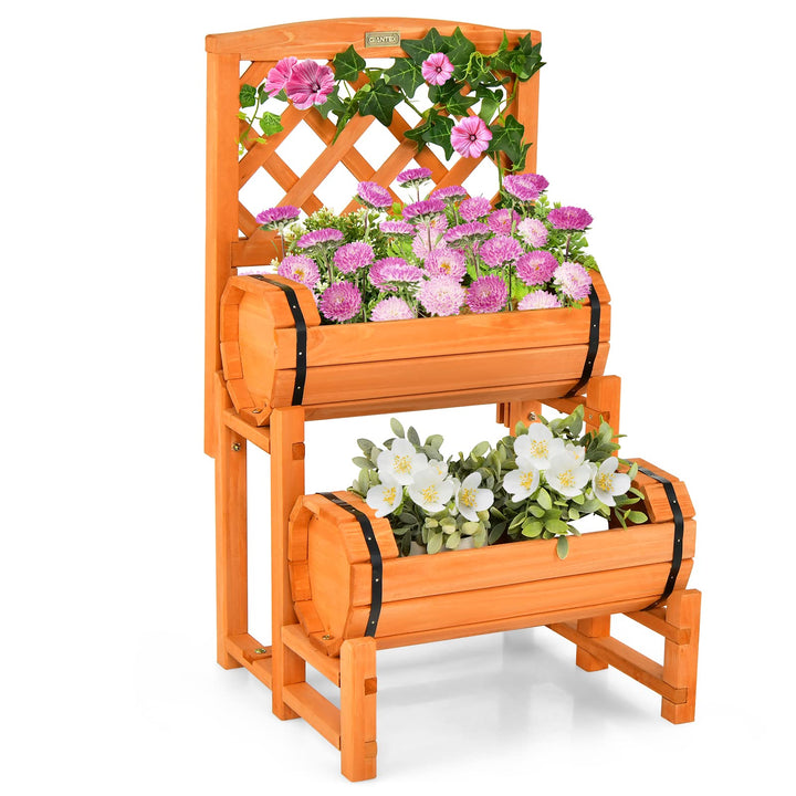 Giantex Raised Garden Bed with 2 Barrel Planters &amp; Trellis, 2-Tier Freestanding Wooden Raised Bed for Vegetable Flower Fruit