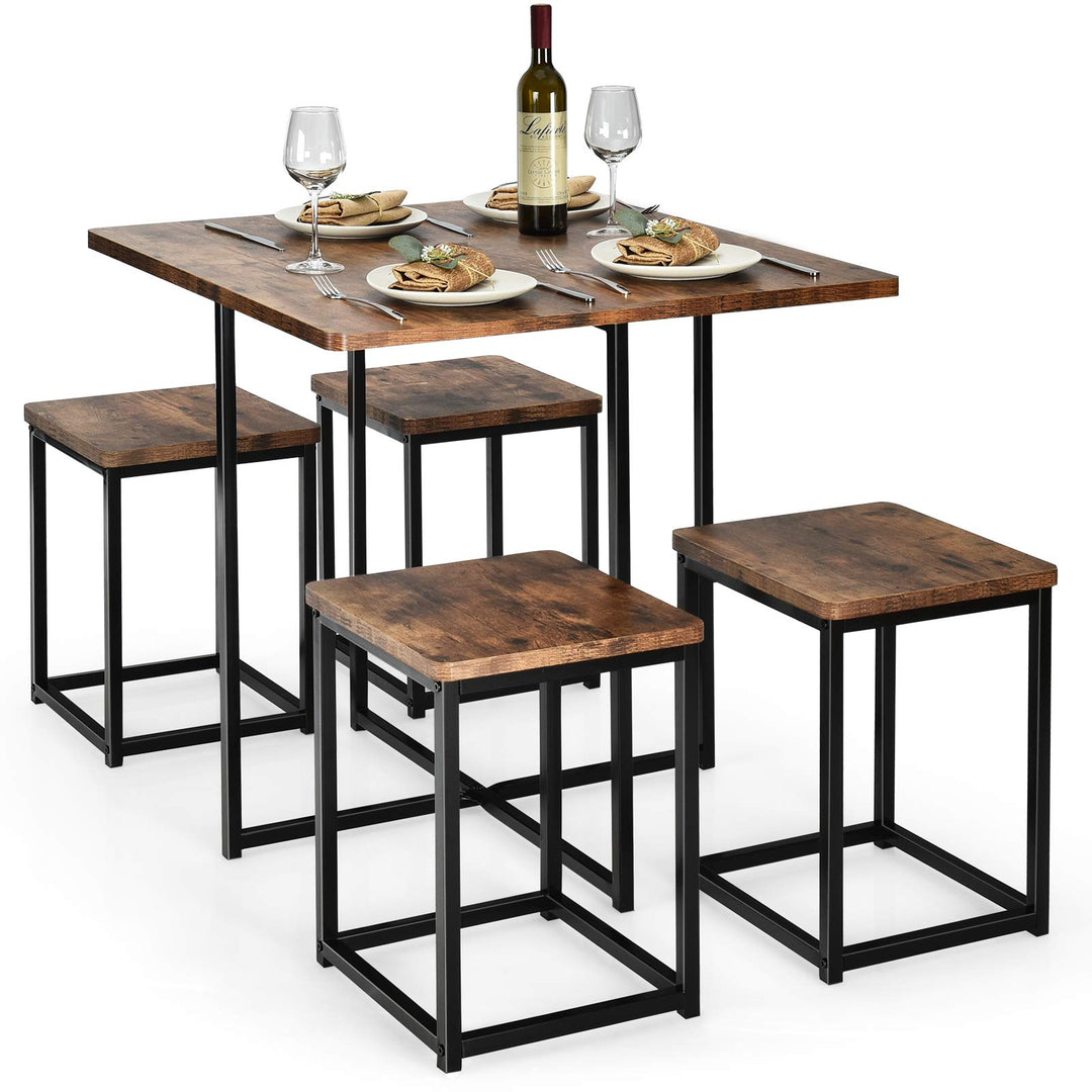 5 Piece Dining Table Set, Dining Set for 4 with Square Stools, Walnut &amp; Black