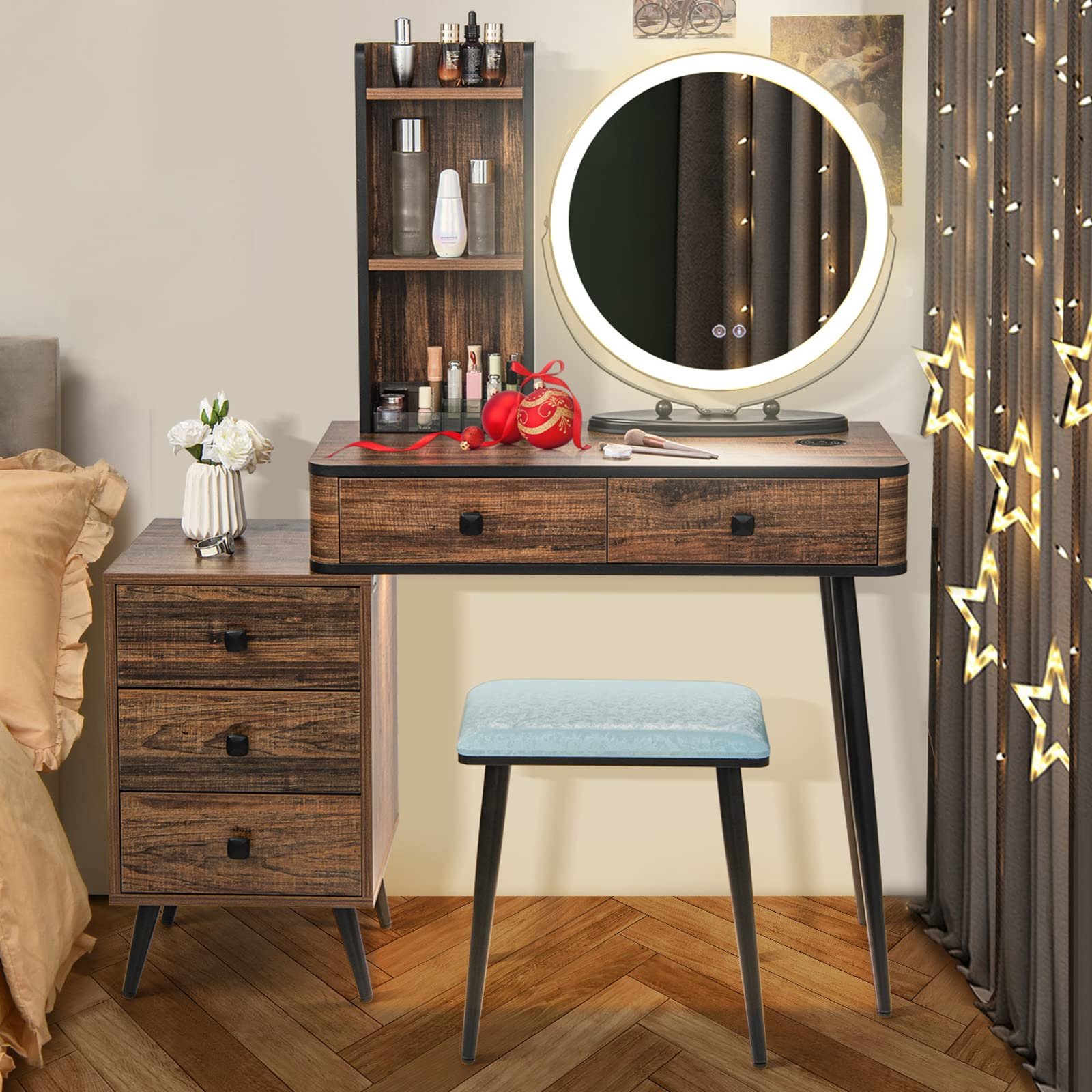 CHARMAID Vanity Table Set with 3-Color Dimmable Lighted Mirror - Giantex