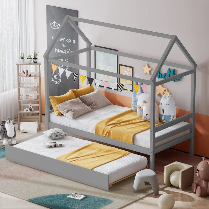 Giantex House Bed with Trundle, Solid Wood Twin Size Daybed for Girls &amp; Boys