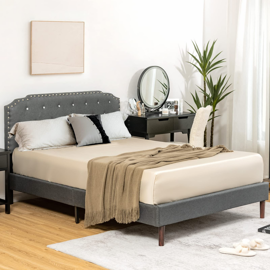 Upholstered Queen/Full Size Bed Frame w/ Adjustable Headboard, Crystal Tufted Soft Platform Bed Frame w/ Wooden Slats