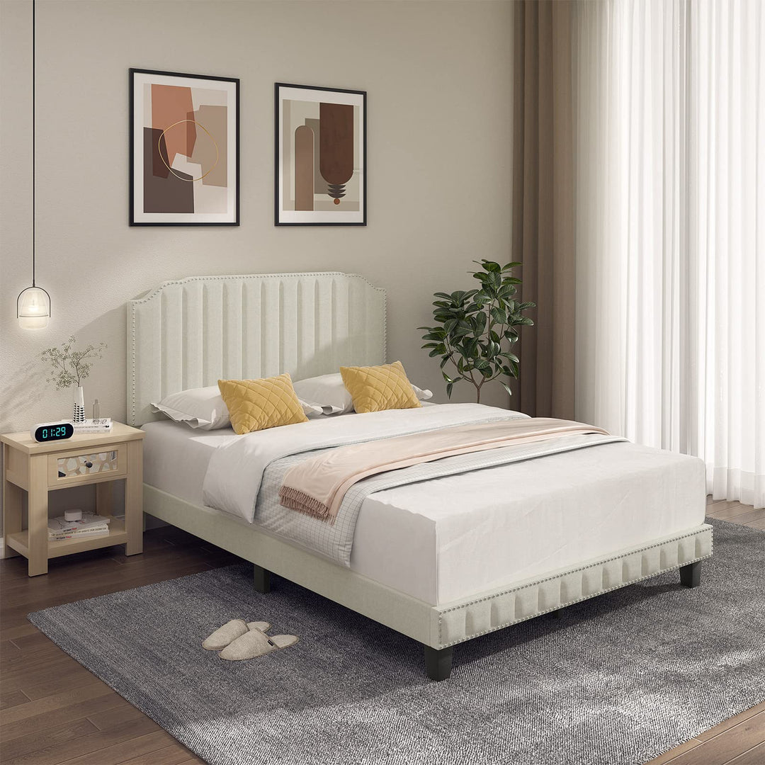 Giantex Queen/Full/Twin Size Upholstered Bed Frame, Linen Platform Bed w/Rivet Headboard, Heavy Duty Mattress Foundation