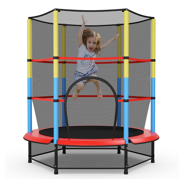 55" Kids Trampoline  with Safety Enclosure Net &amp; Spring Pad