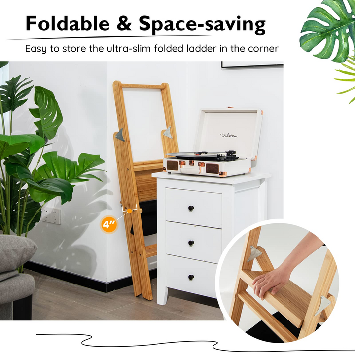 100% Bamboo Folding Step Stool with Handrail | 3 Step Ladder