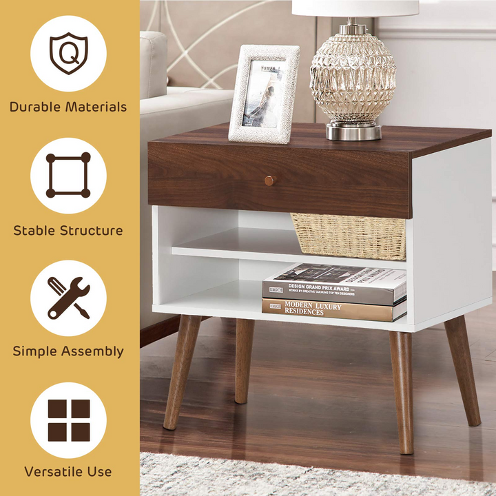Nightstand with Drawer and Storage Shelves &amp; Rubber Wood Legs, Brown&amp;White