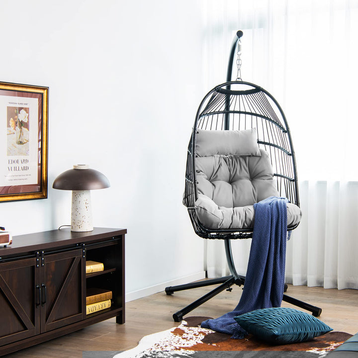 Giantex Egg Chair with Stand, Hanging Basket Chair Hammock Chair w/ Steel Stand Pillow Seat Cushion Rattan Basket &amp; Dust Cover