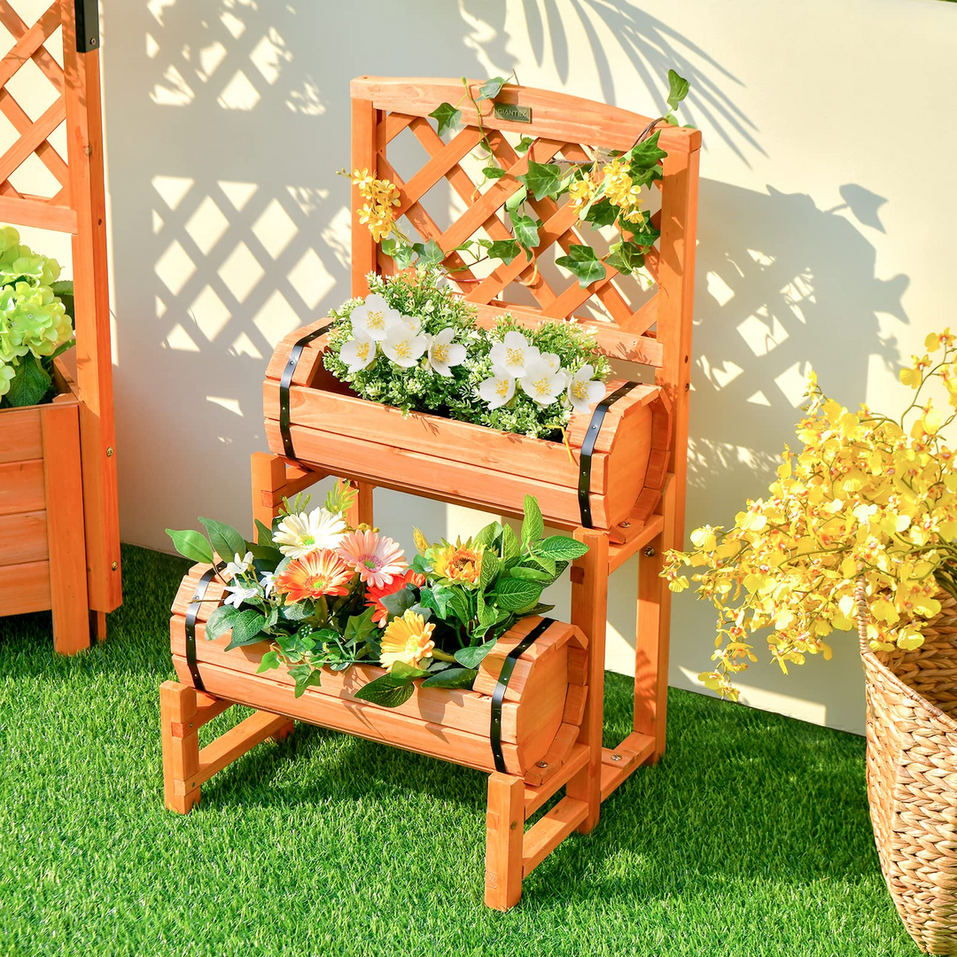 Giantex Raised Garden Bed with 2 Barrel Planters &amp; Trellis, 2-Tier Freestanding Wooden Raised Bed for Vegetable Flower Fruit