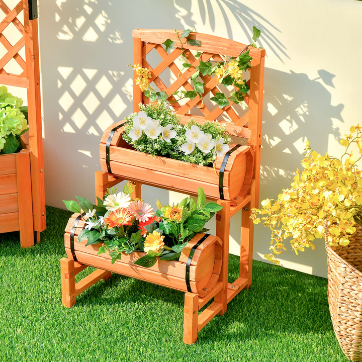 Giantex Raised Garden Bed with 2 Barrel Planters &amp; Trellis, 2-Tier Freestanding Wooden Raised Bed for Vegetable Flower Fruit