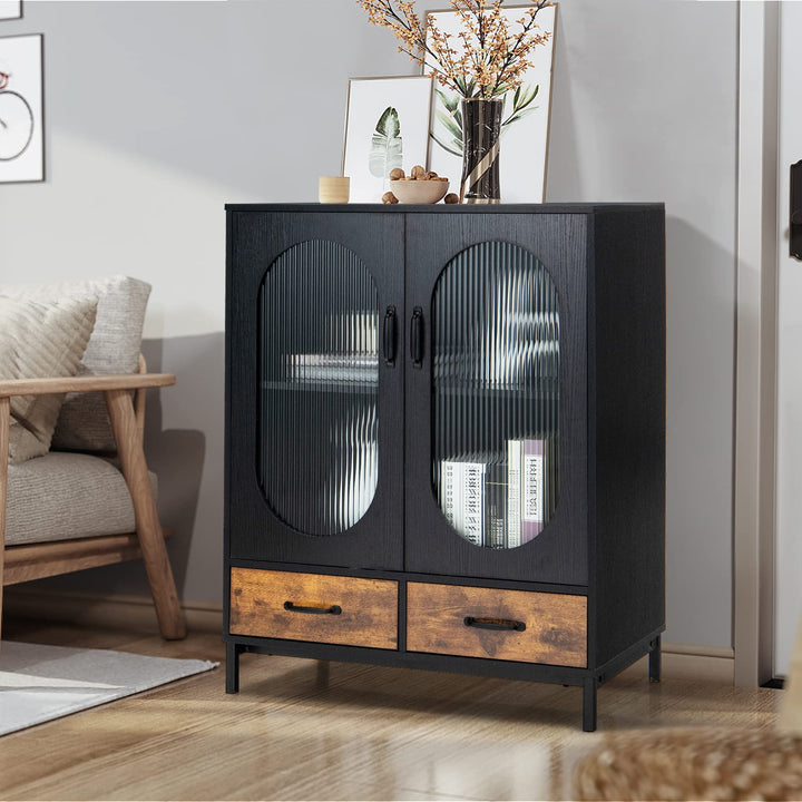 Giantex Buffet Cabinet with 2 Drawers, Wooden Sideboard, Standing 2-Tier Cupboard (Black &amp; Brown)