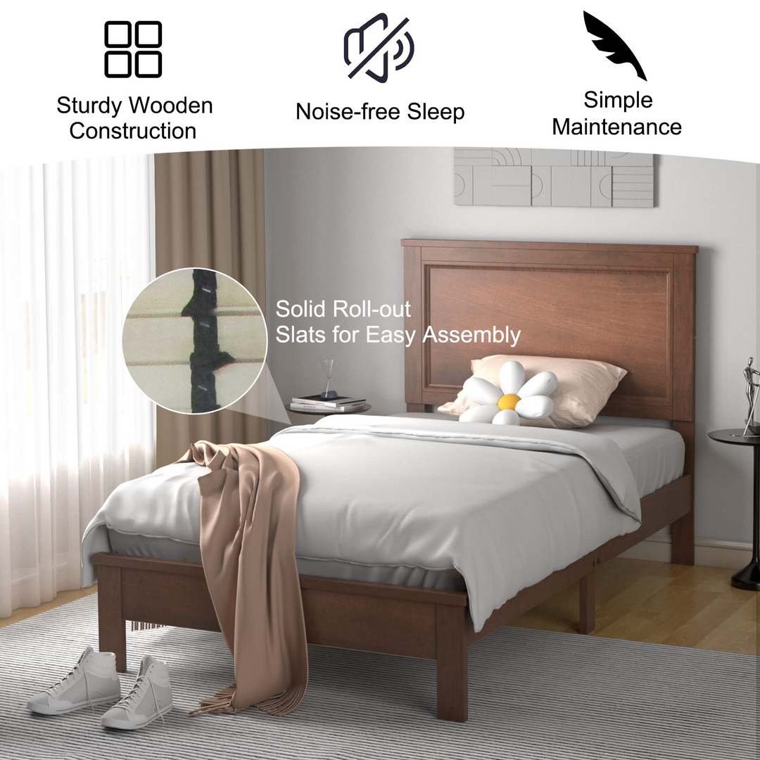 Queen/Full/Twin Size Platform Bed w/ Rubber Wood Legs &amp; Integrated Headboard | Wooden Bed Frame