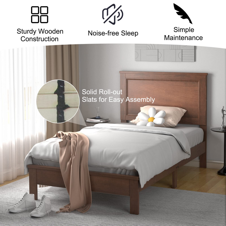Queen/Full/Twin Size Platform Bed w/ Rubber Wood Legs &amp; Integrated Headboard | Wooden Bed Frame