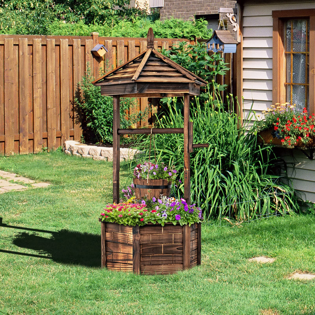 Giantex Rustic Wooden Wishing Well Planter with Hanging Bucket, Roof Shadow