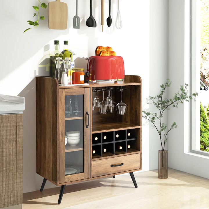 Giantex Buffet Sideboard with Drawer, Wine Cabinet for 8 Bottles, Glass Holder, 3 Tier Cupboard Tempered Glass Door (Rustic Brown &amp; Black)