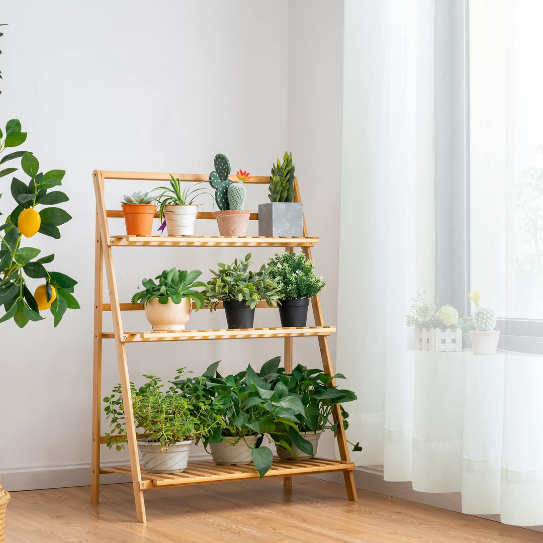 Giantex 3 Tier Folding Storage Shelf, Bamboo Ladder Plant Stand