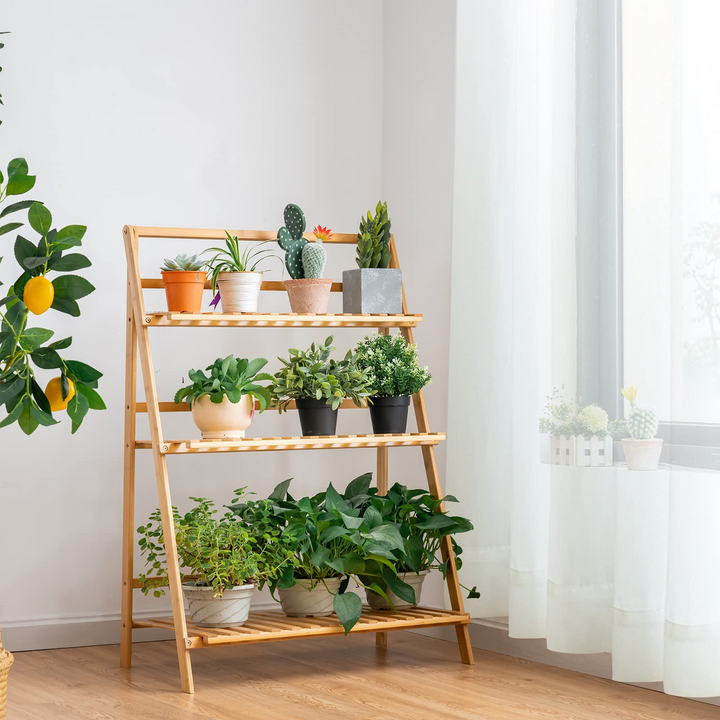 Giantex 3 Tier Folding Storage Shelf, Bamboo Ladder Plant Stand