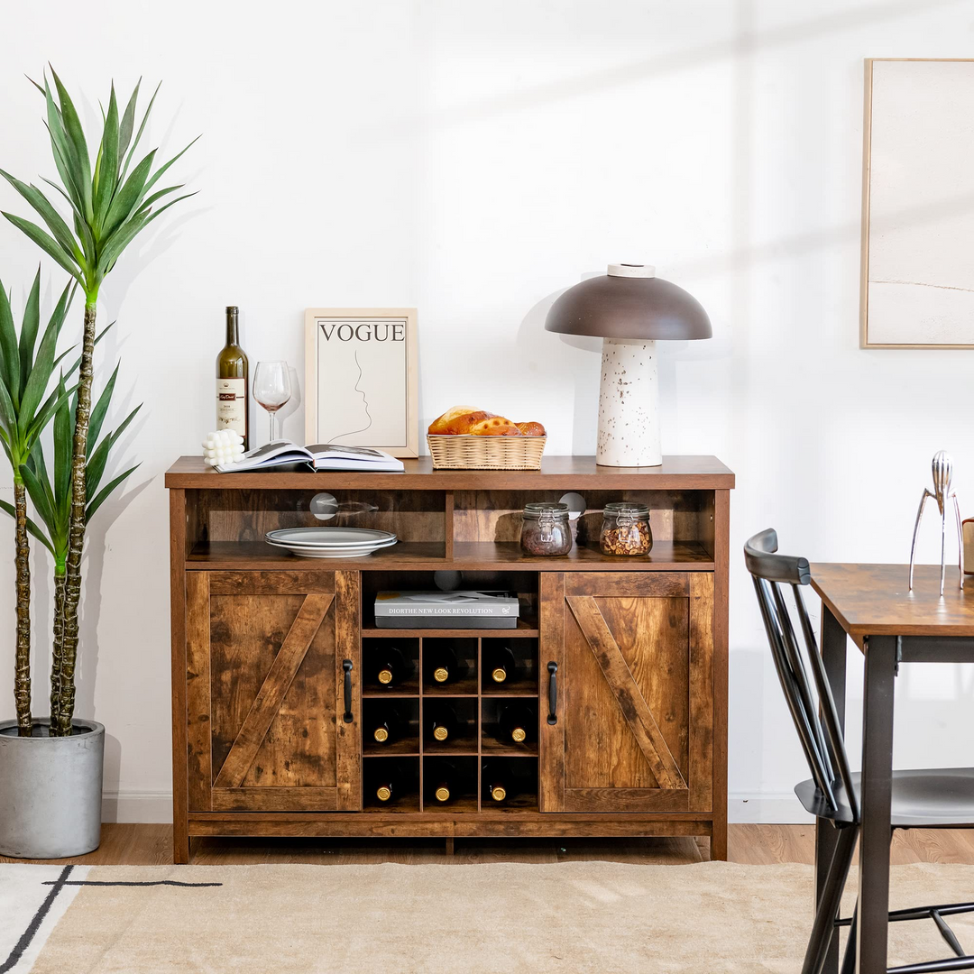 Giantex Buffet Sideboard, Farmhouse Kitchen Storage Cabinet, 9-Bottle Wine Rack &amp; 2 Door Cabinets