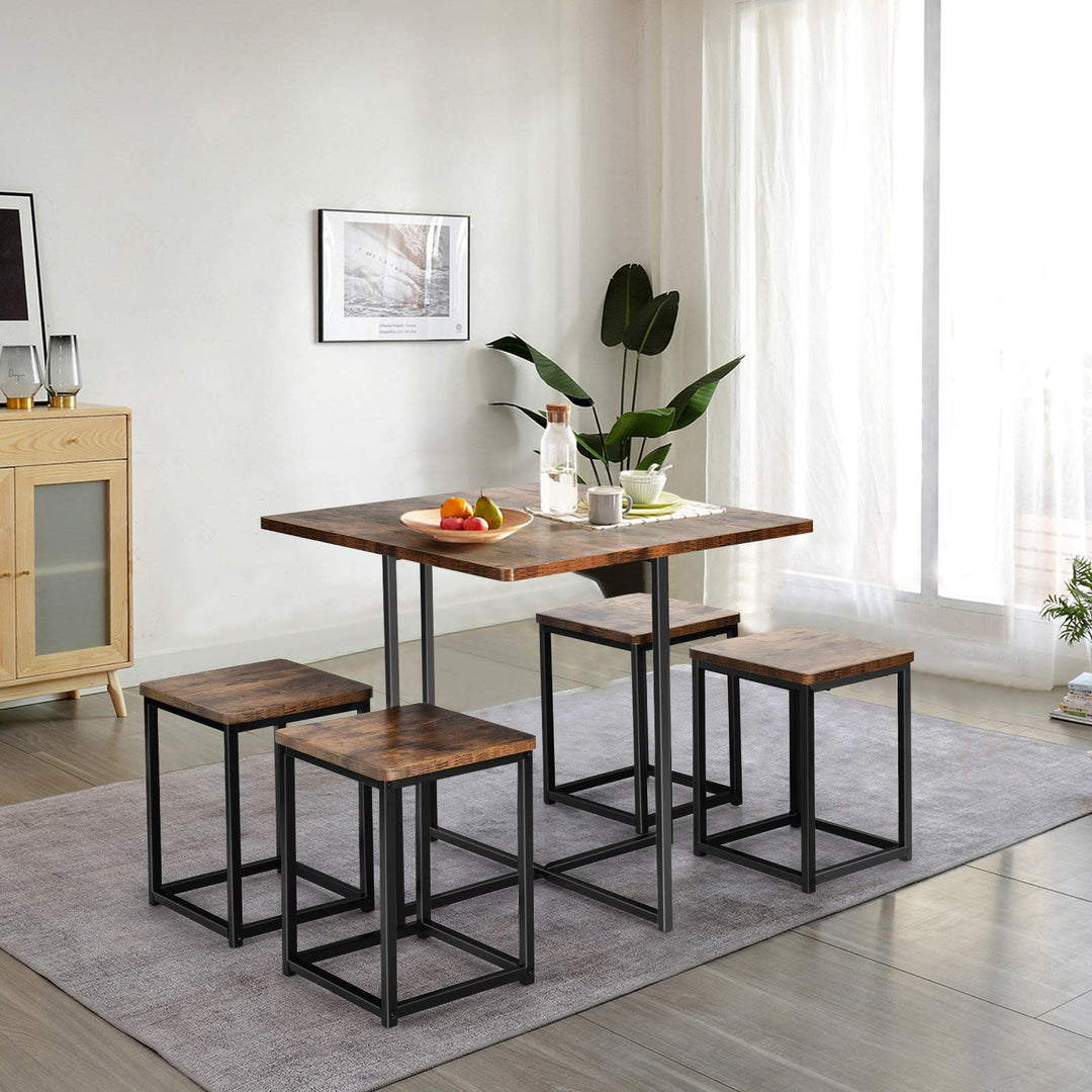 5 Piece Dining Table Set, Dining Set for 4 with Square Stools, Walnut &amp; Black
