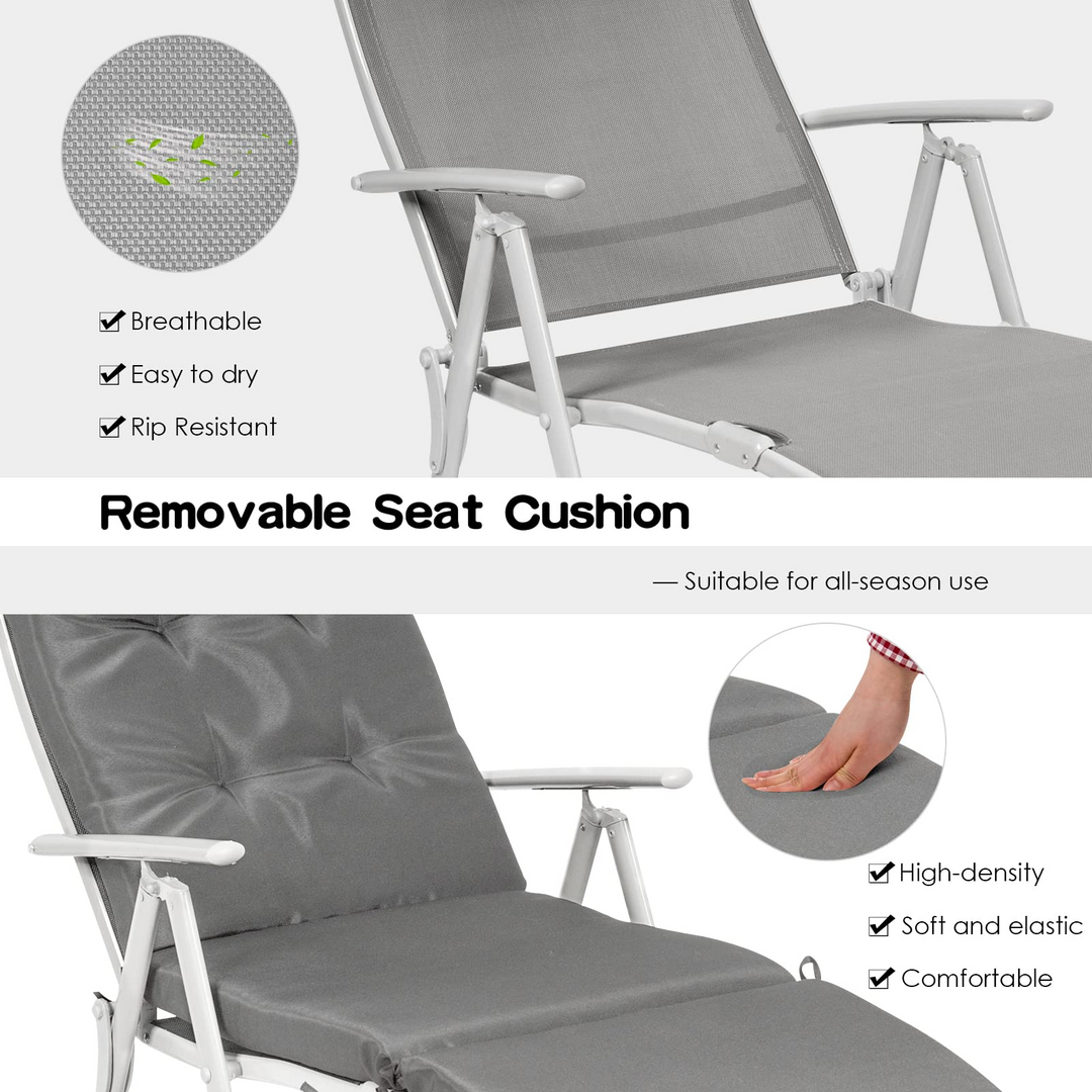 Pool Folding Reclining Beach Chair W/Removable Cushion&amp;Headrest Pillow