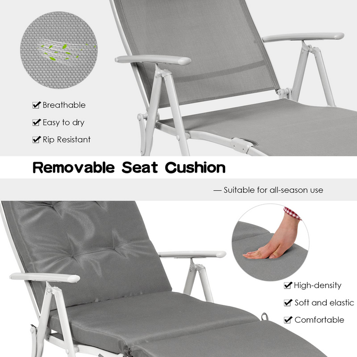 Pool Folding Reclining Beach Chair W/Removable Cushion&amp;Headrest Pillow
