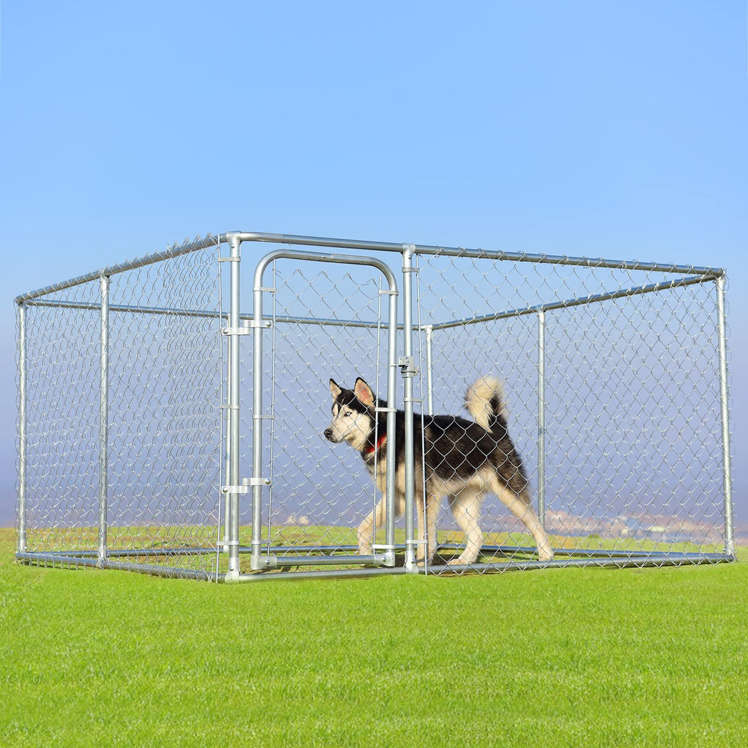 Giantex Outdoor Dog Kennel with Roof, 7.5ft Dog Fence with Door and Waterproof Cover