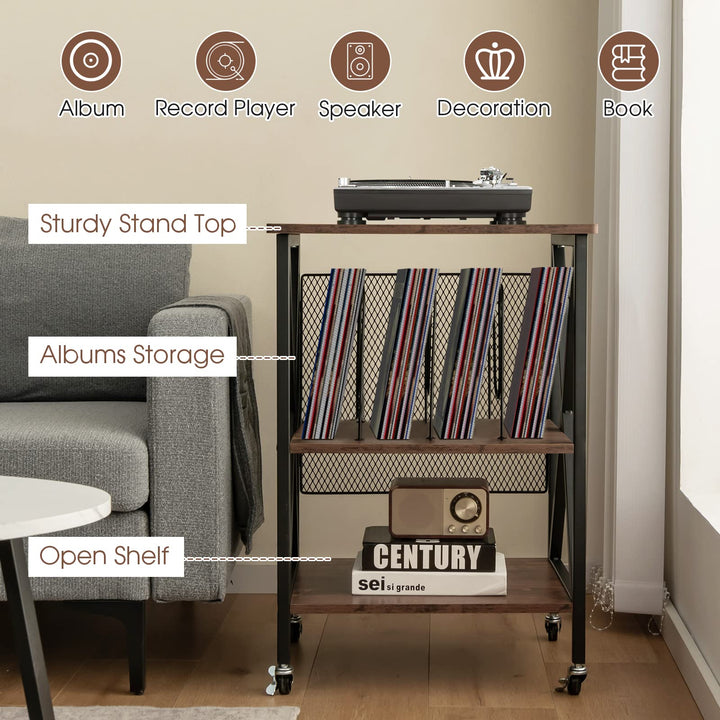 Giantex Record Player Stand, Vinyl Record Storage Table w/ 3 M-shaped Dividers &amp; 4 Rolling Wheels, Rustic Brown