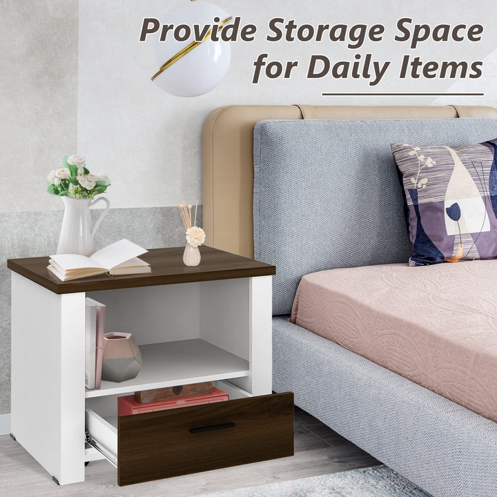 Giantex Nightstand, End Table with Glide Sliding Drawer &amp; Open Cabinet, Modern Sofa Side Table for Living Room