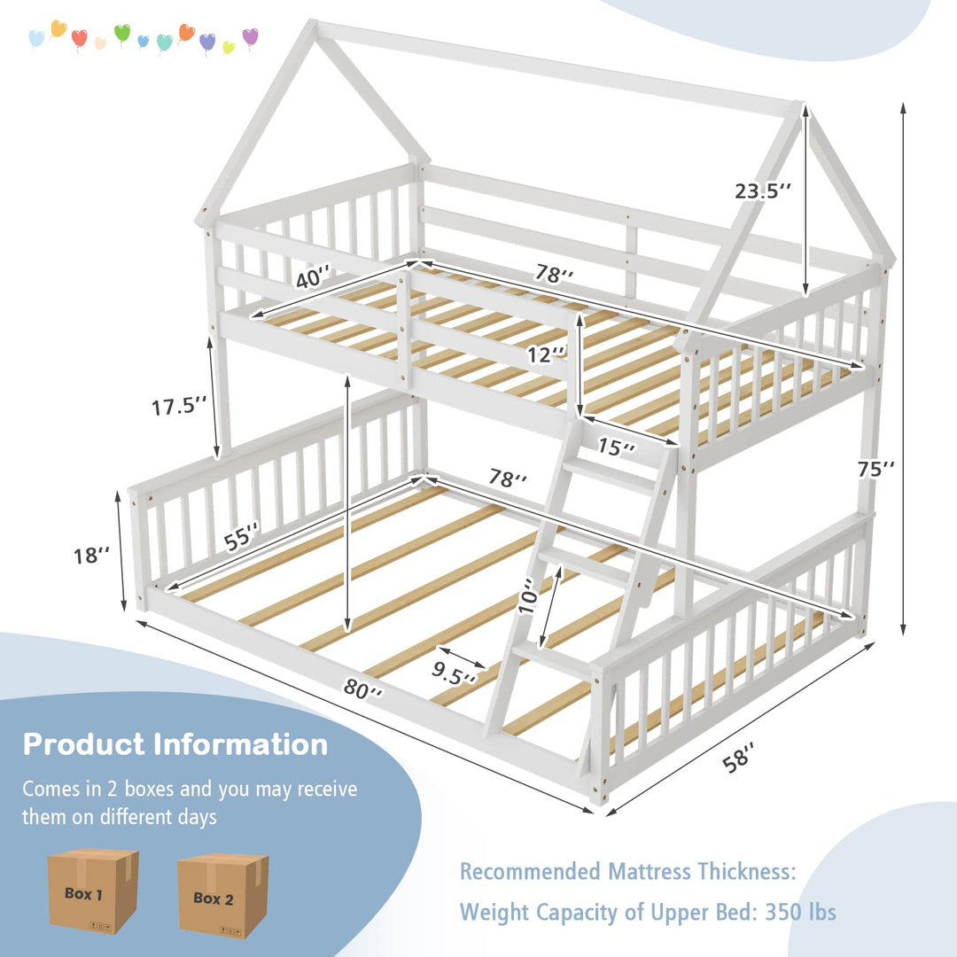 Giantex Twin Over Full House Bunk Bed, Floor Low Bunk Bed Frame w/Integrated Ladder &amp; Safety Guardrails