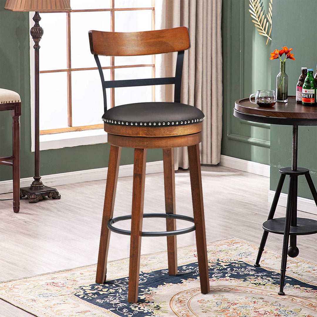 360-Degree Swivel Stools with Leather Padded Seat, Single Slat Ladder Back &amp; Solid Rubber Wood Legs