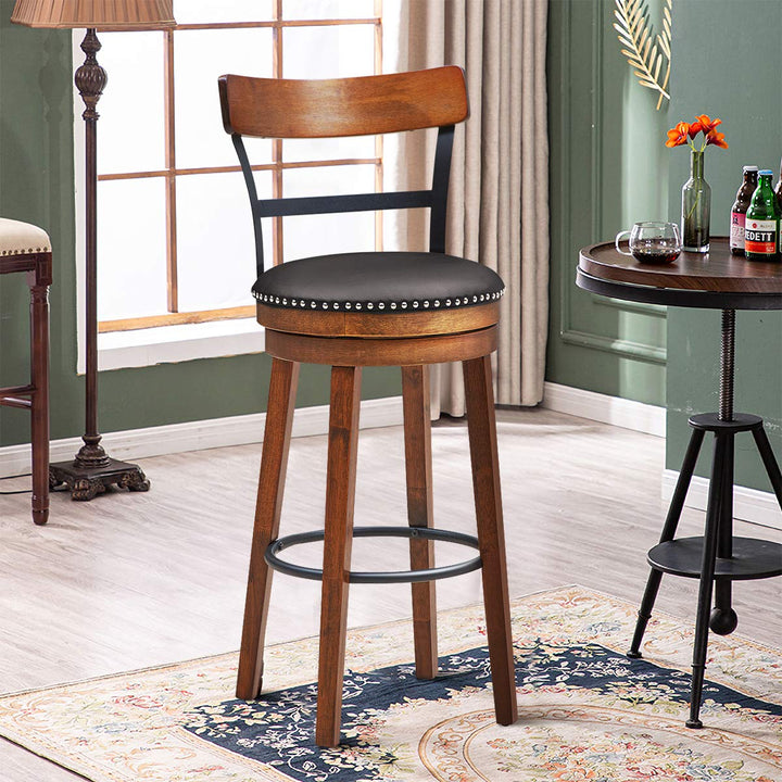 360-Degree Swivel Stools with Leather Padded Seat, Single Slat Ladder Back &amp; Solid Rubber Wood Legs