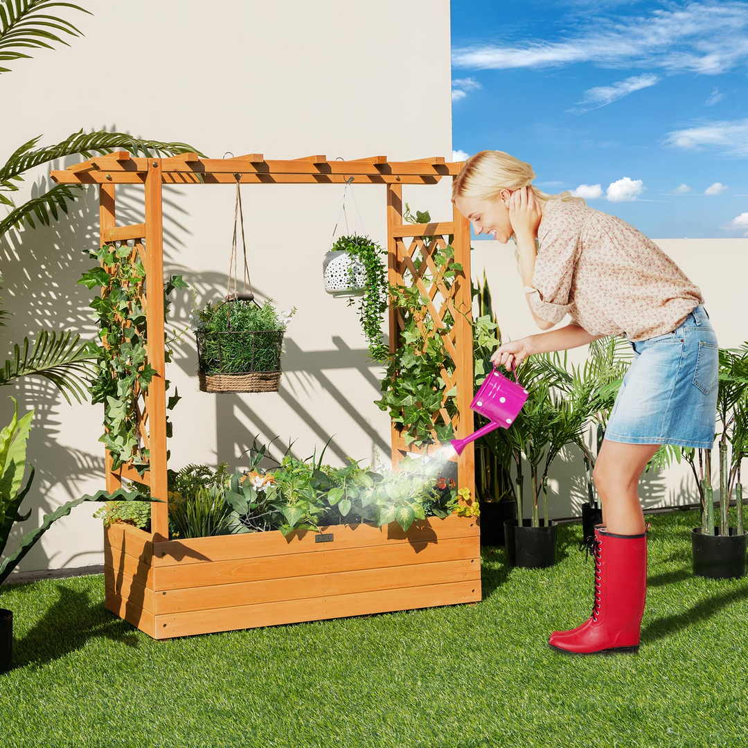 Giantex Raised Garden Bed with Trellis, Wood Planter Box with Roof &amp; Side Trellis, Drain Holes