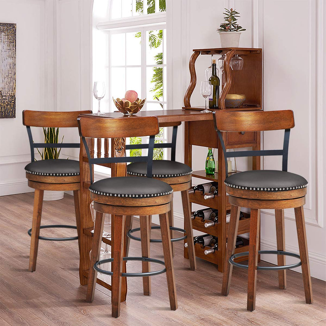360-Degree Swivel Stools with Leather Padded Seat, Single Slat Ladder Back &amp; Solid Rubber Wood Legs