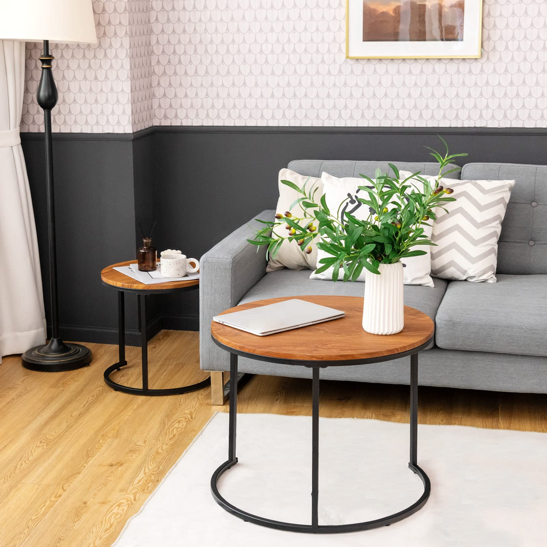 Nesting Coffee Table Set of 2, Round Stacking Side Tables w/Wooden Tabletop &amp; Steel Frame