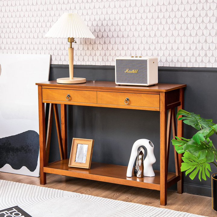 Console Table Entryway Sofa Side Table with 2 Drawers &amp; Open Shelf